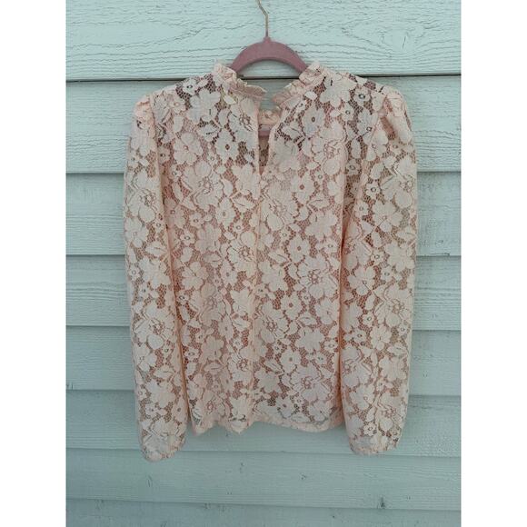 Blush Lace High Neck Blouse – Sheer Floral Romantic Top Size L - Picture 8 of 8